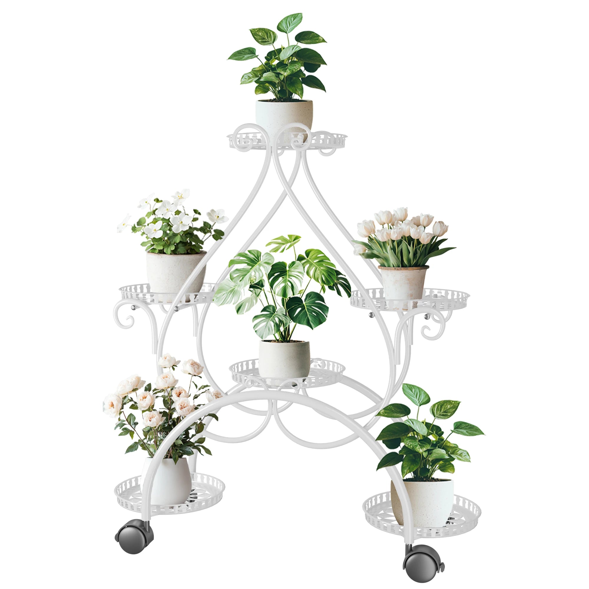 6 Tiered Metal Flower Pot Display Stand Indoor Outdoor Tall Plant Rack with Rolling Wheels