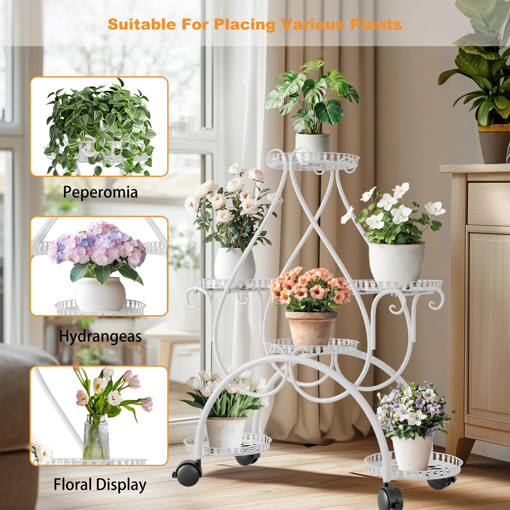 6 Tiered Metal Flower Pot Display Stand Indoor Outdoor Tall Plant Rack with Rolling Wheels